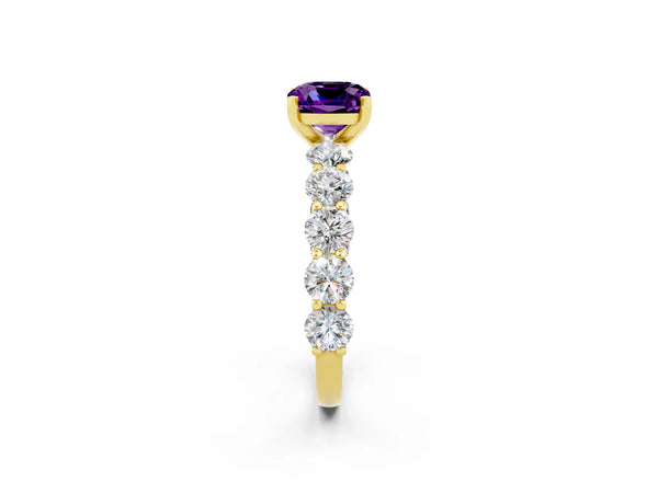Yellow gold Cushion Cut Amethyst Prong Setting with Side Stones on a Pave Band