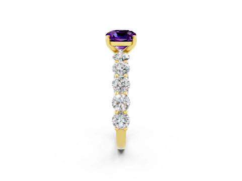 Yellow gold Cushion Cut Amethyst Prong Setting with Side Stones on a Pave Band_2