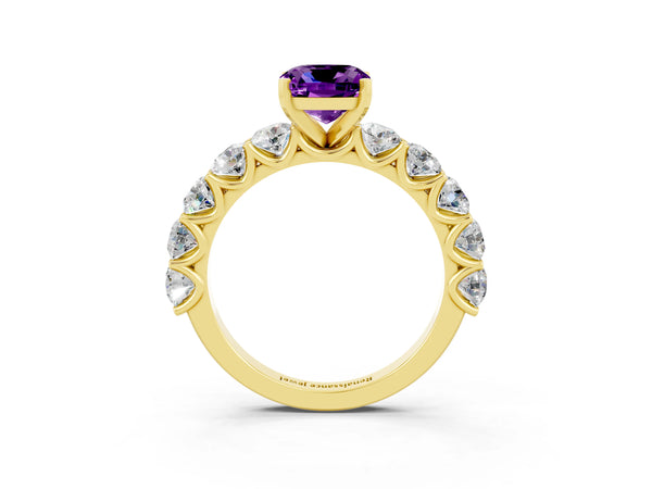 Yellow gold Cushion Cut Amethyst Prong Setting with Side Stones on a Pave Band