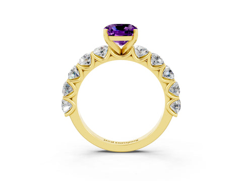 Yellow gold Cushion Cut Amethyst Prong Setting with Side Stones on a Pave Band_3