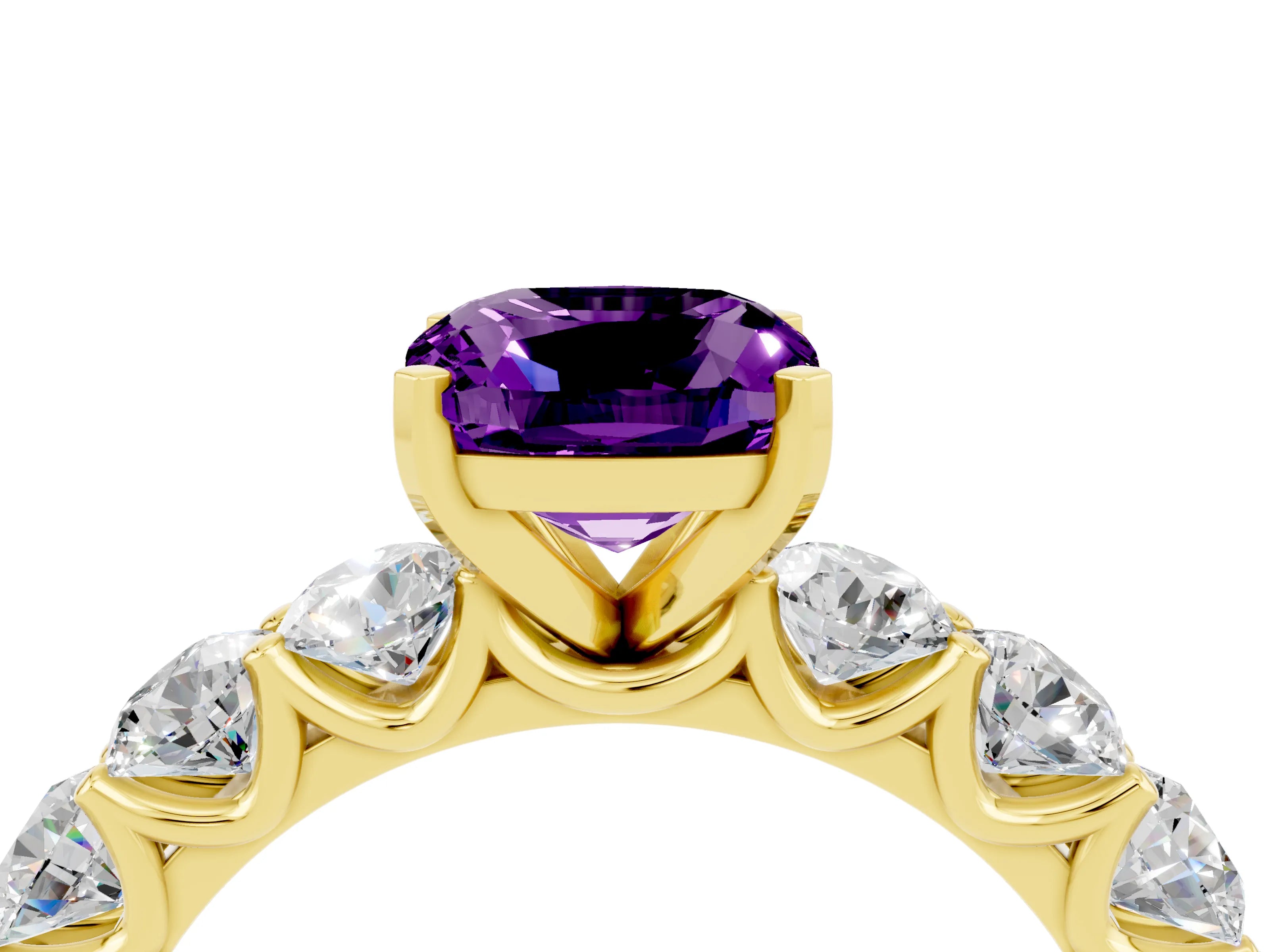 Yellow gold Cushion Cut Amethyst Prong Setting with Side Stones on a Pave Band_4