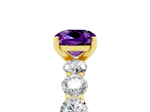 Yellow gold Cushion Cut Amethyst Prong Setting with Side Stones on a Pave Band_5
