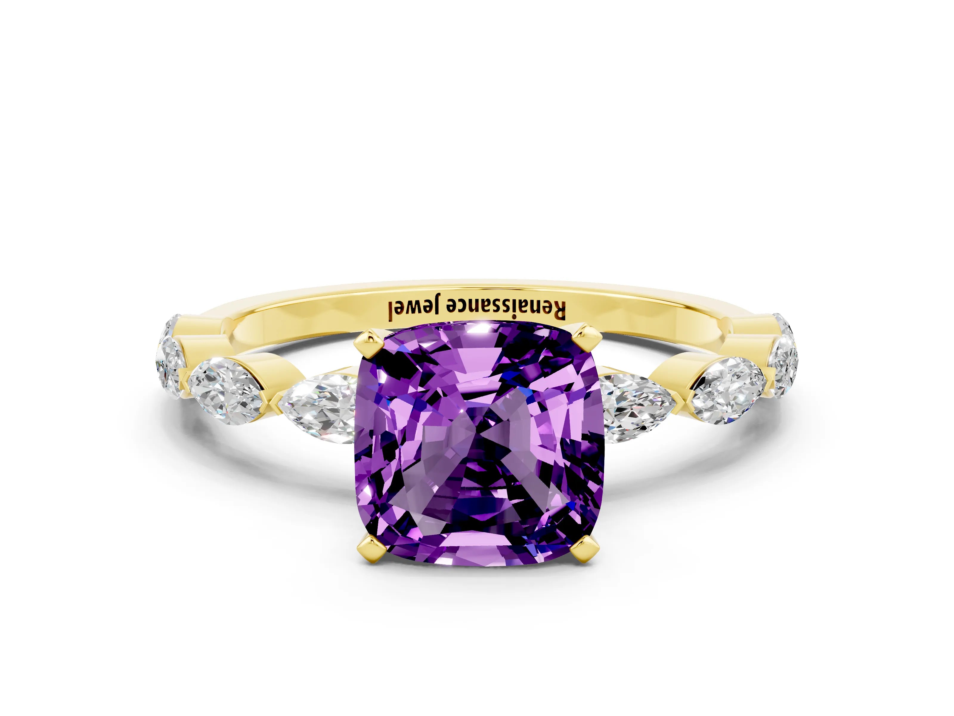 Yellow gold Cushion Cut Amethyst Ring with Marquise Side Stones and Prong Setting