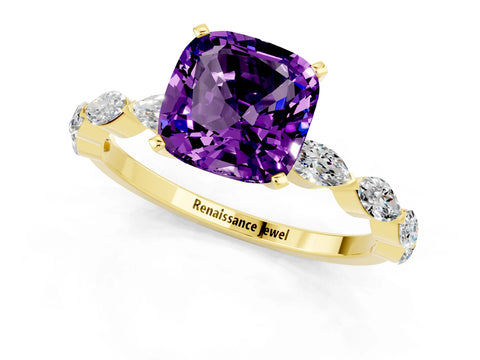 Yellow gold Cushion Cut Amethyst Ring with Marquise Side Stones and Prong Setting_1