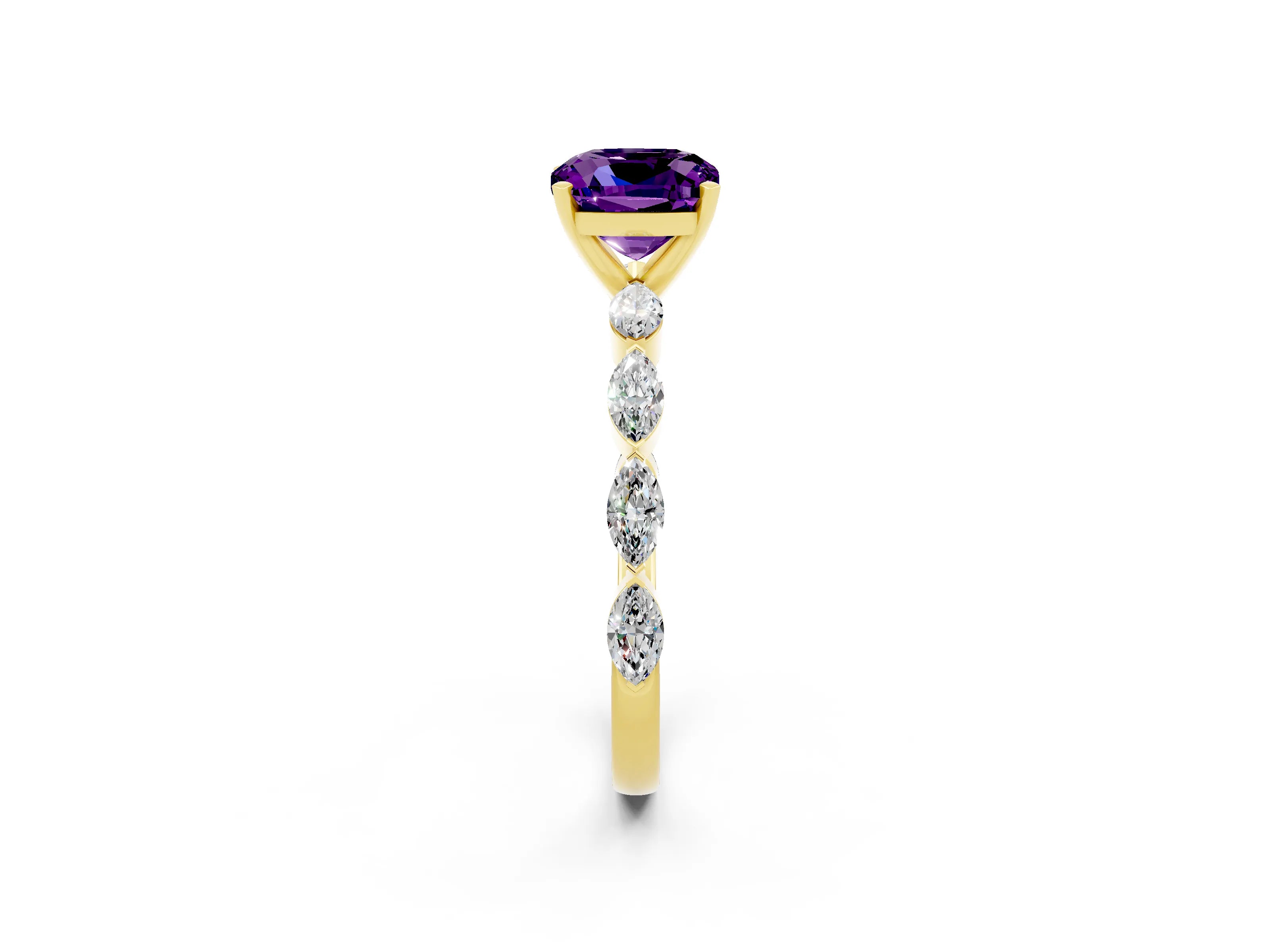 Yellow gold Cushion Cut Amethyst Ring with Marquise Side Stones and Prong Setting_2