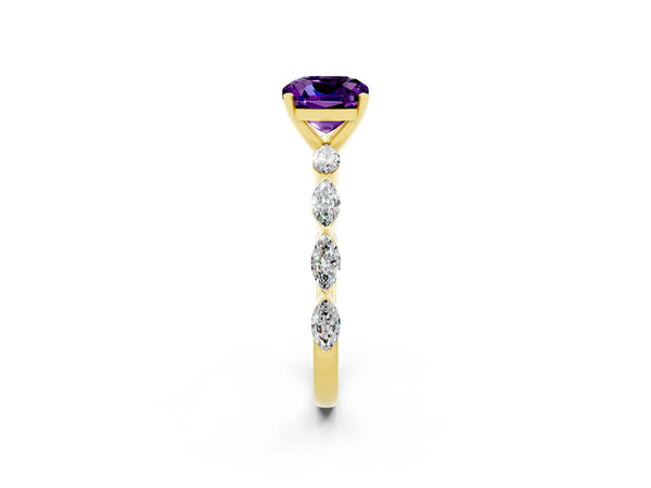 Yellow gold Cushion Cut Amethyst Ring with Marquise Side Stones and Prong Setting