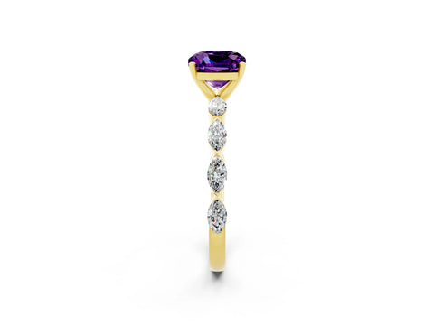 Yellow gold Cushion Cut Amethyst Ring with Marquise Side Stones and Prong Setting_2