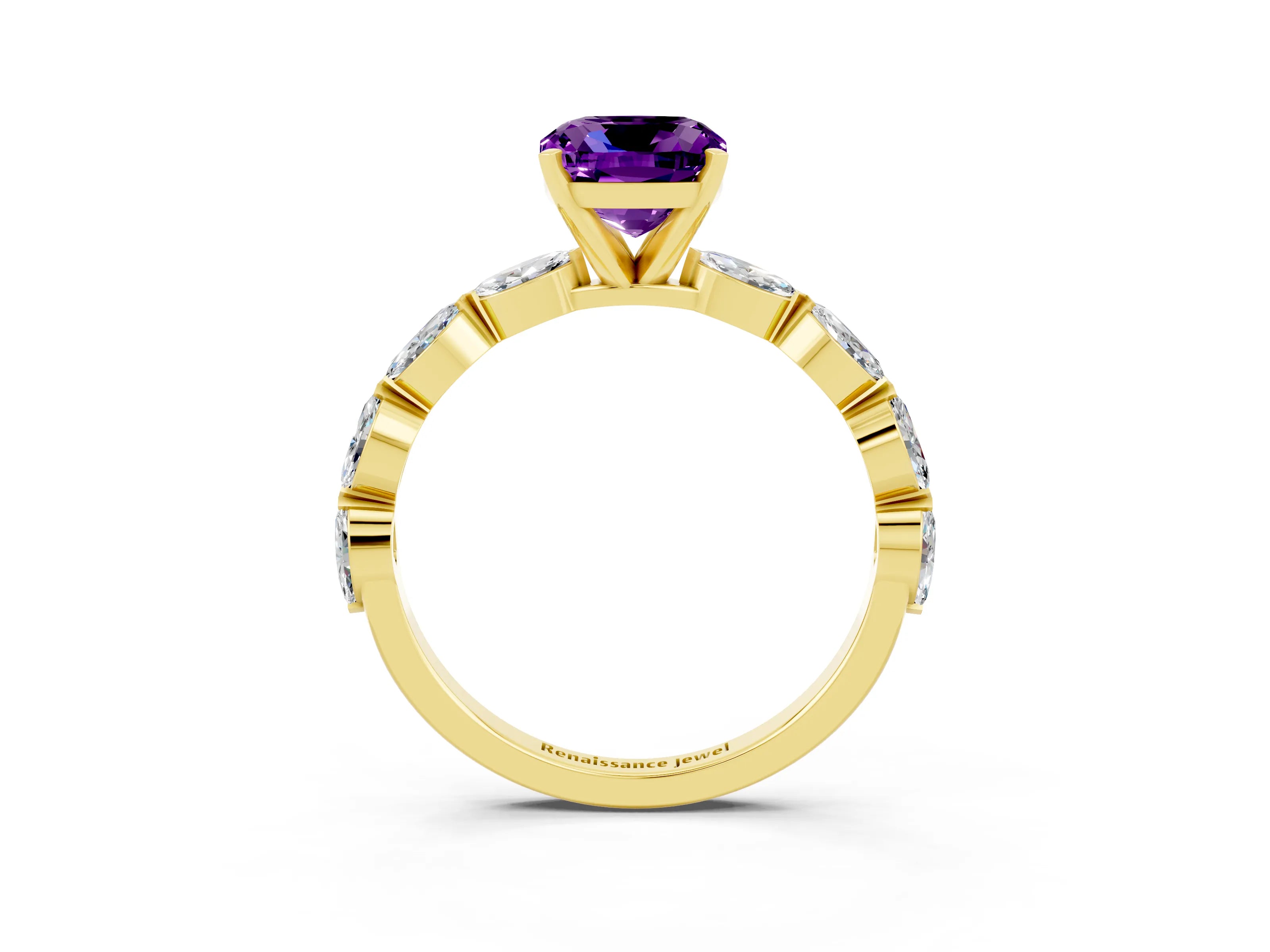 Yellow gold Cushion Cut Amethyst Ring with Marquise Side Stones and Prong Setting_3