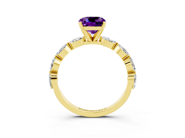 Yellow gold Cushion Cut Amethyst Ring with Marquise Side Stones and Prong Setting