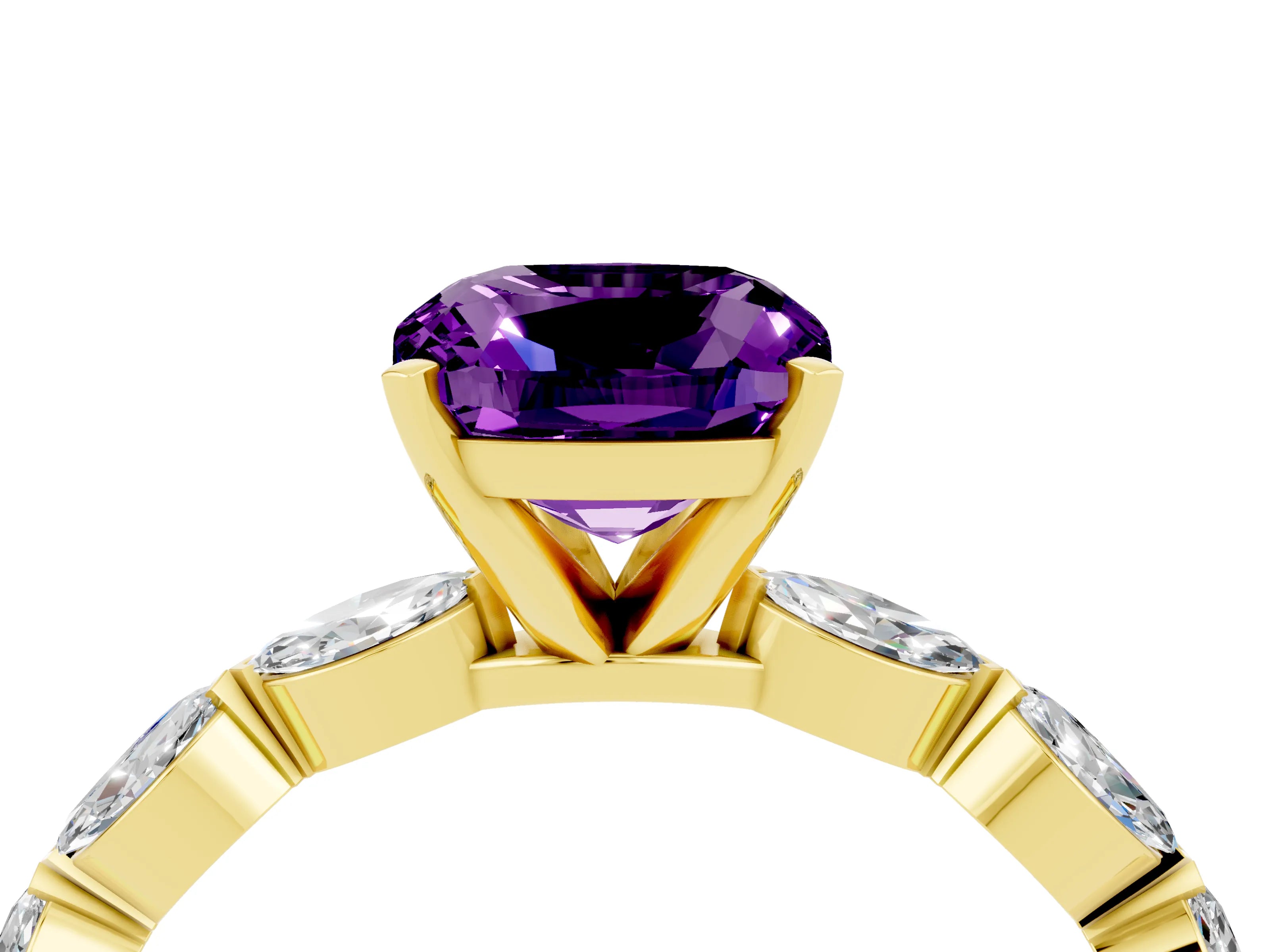 Yellow gold Cushion Cut Amethyst Ring with Marquise Side Stones and Prong Setting_4