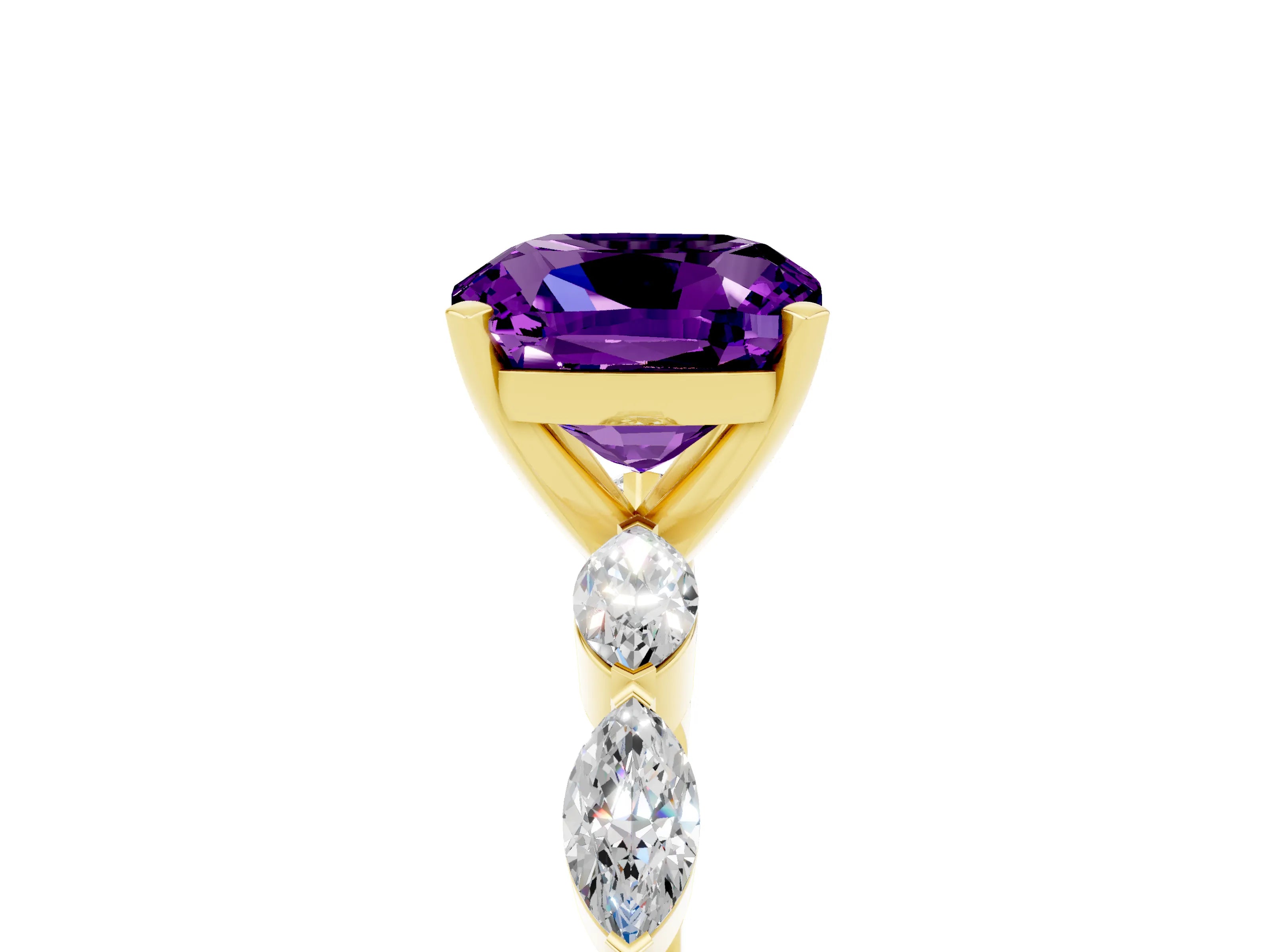 Yellow gold Cushion Cut Amethyst Ring with Marquise Side Stones and Prong Setting_5