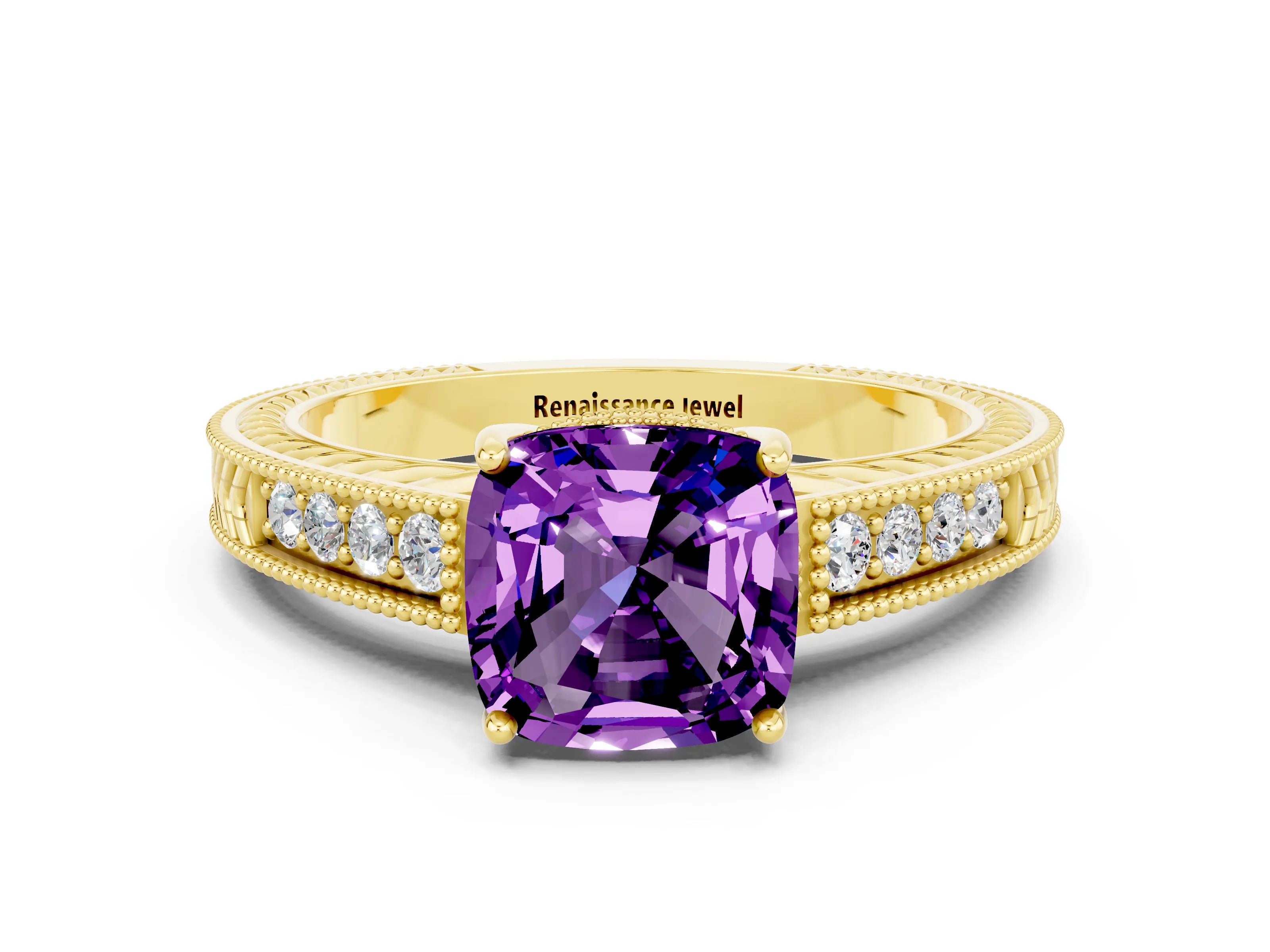 Yellow gold Cushion Cut Amethyst Ring with Milgrain Pavé Band and Four-Prong Setting_12