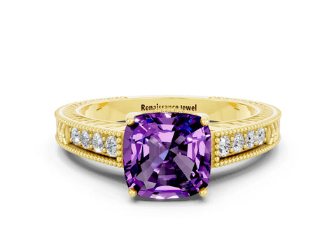 Yellow gold Cushion Cut Amethyst Ring with Milgrain Pavé Band and Four-Prong Setting_12