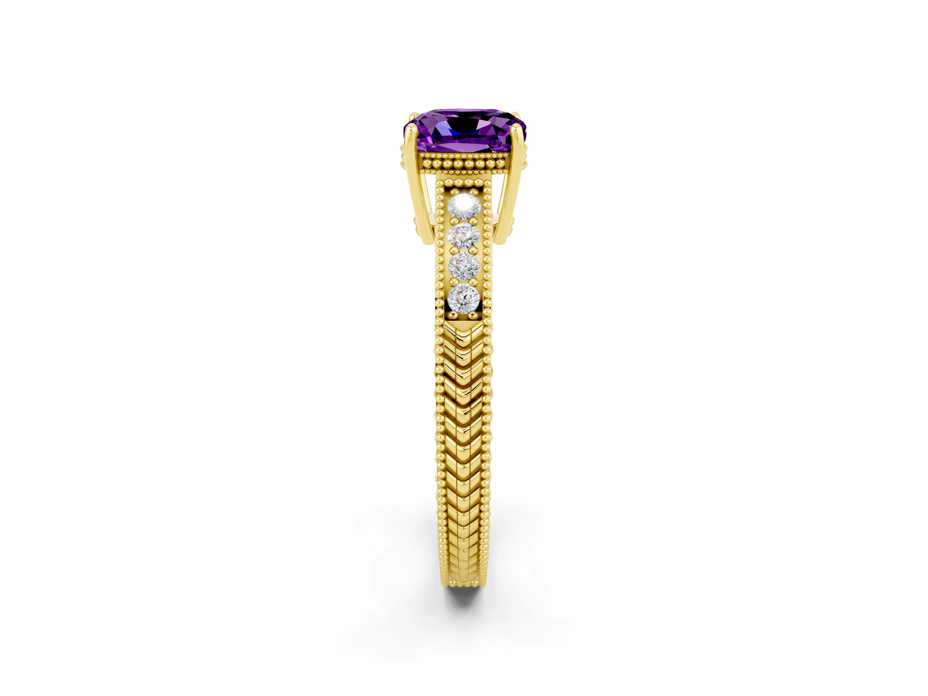 Yellow gold Cushion Cut Amethyst Ring with Milgrain Pavé Band and Four-Prong Setting_14