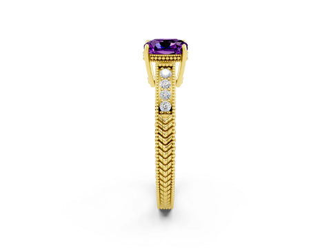 Yellow gold Cushion Cut Amethyst Ring with Milgrain Pavé Band and Four-Prong Setting_14
