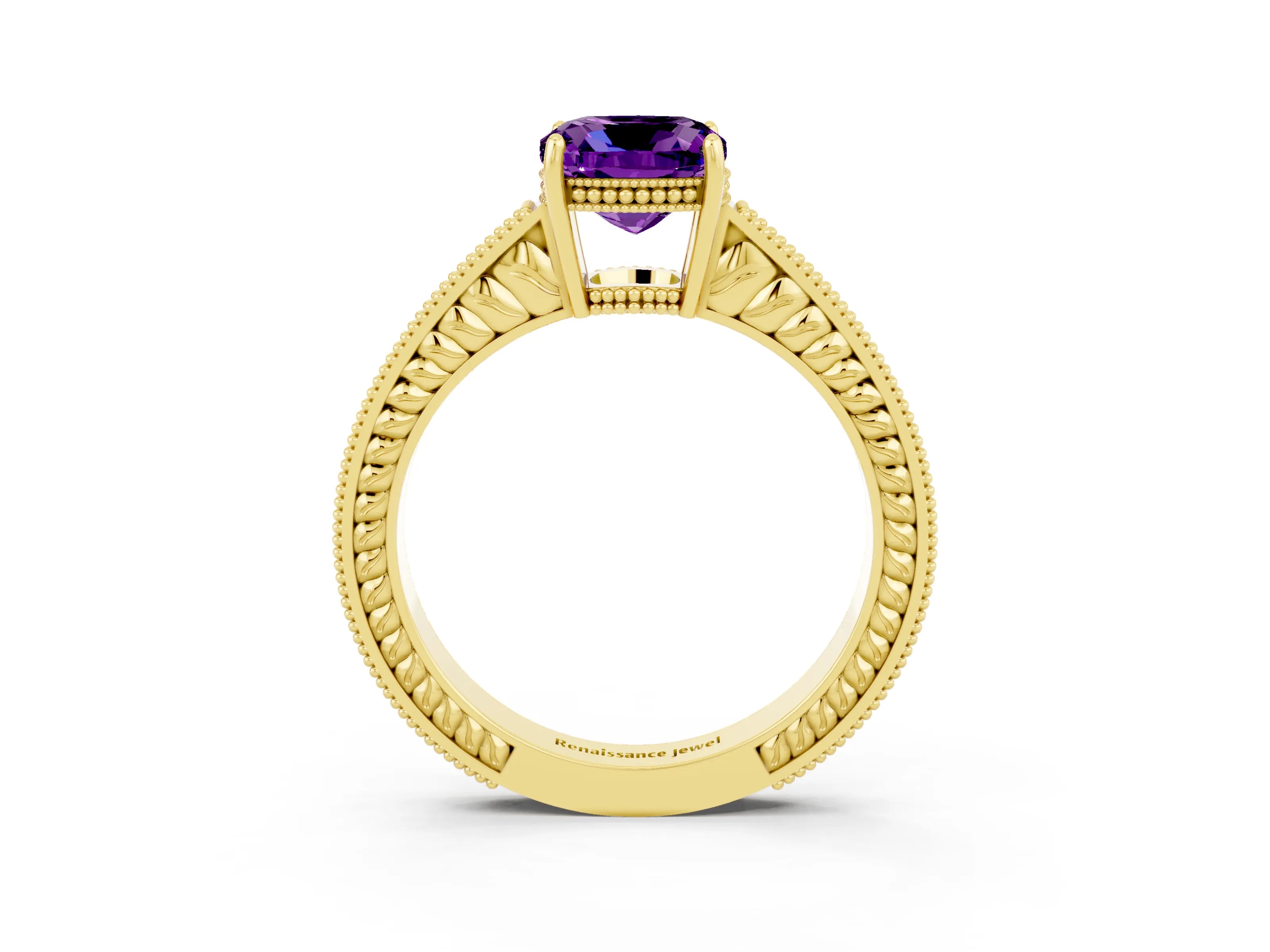 Yellow gold Cushion Cut Amethyst Ring with Milgrain Pavé Band and Four-Prong Setting_15
