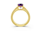 Yellow gold Cushion Cut Amethyst Ring with Milgrain Pavé Band and Four-Prong Setting_15