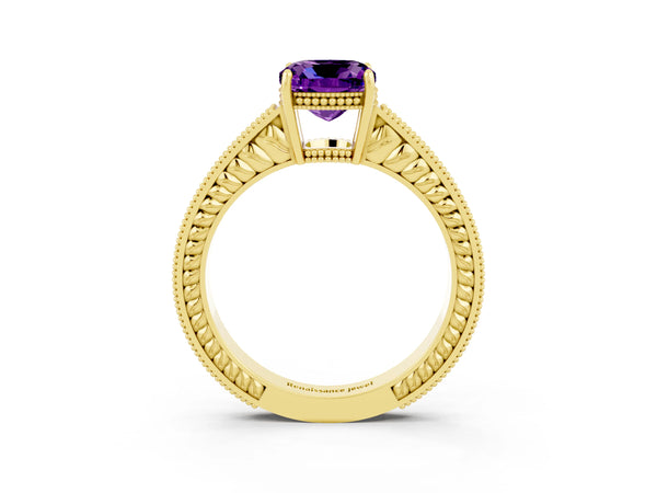 Yellow gold Cushion Cut Amethyst Ring with Milgrain Pavé Band and Four-Prong Setting