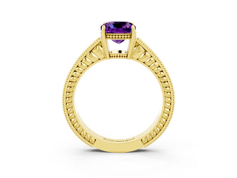 Yellow gold Cushion Cut Amethyst Ring with Milgrain Pavé Band and Four-Prong Setting_15