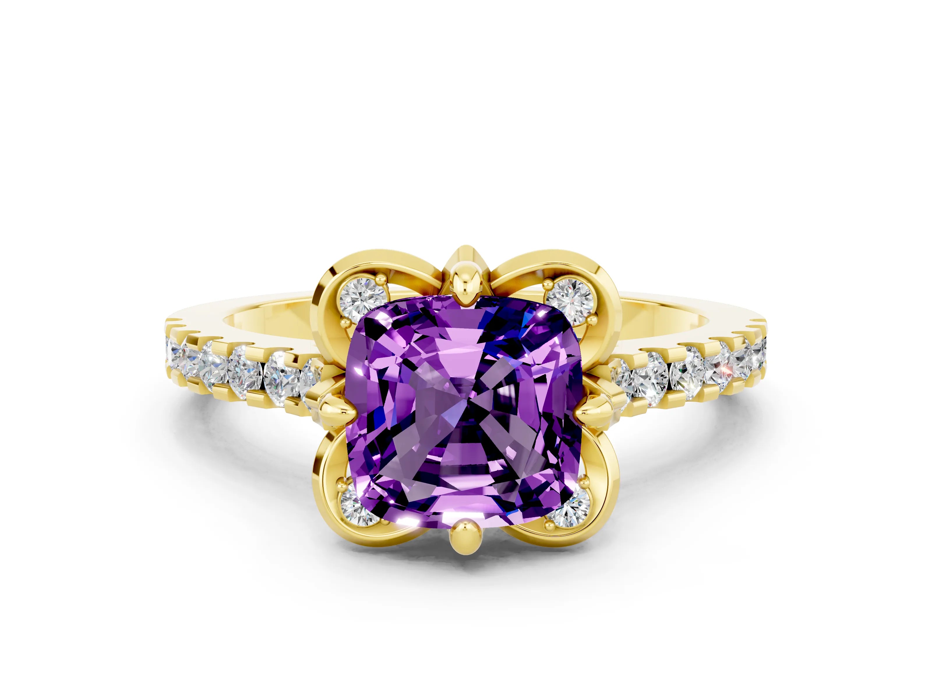 Yellow gold Cushion Cut Amethyst Ring with Pavé Band and Floral Prong Setting