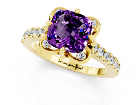 Yellow gold Cushion Cut Amethyst Ring with Pavé Band and Floral Prong Setting_1