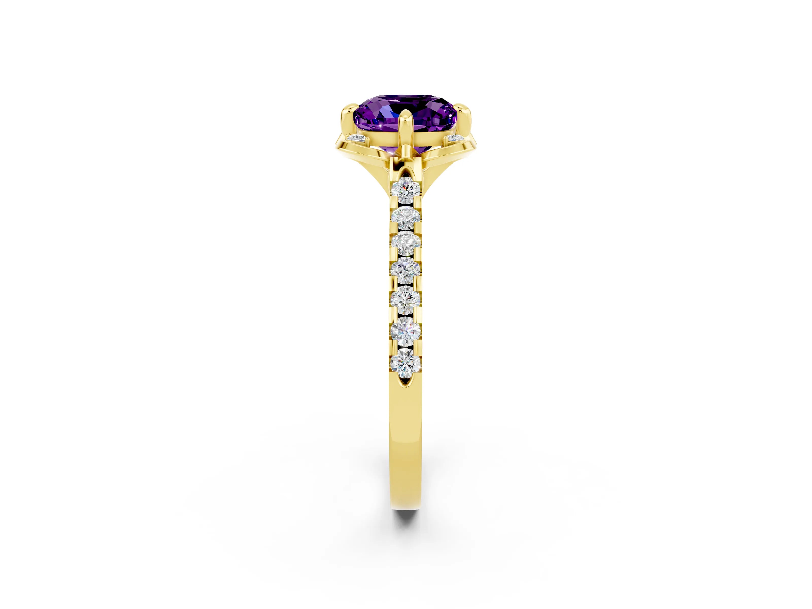 Yellow gold Cushion Cut Amethyst Ring with Pavé Band and Floral Prong Setting_2