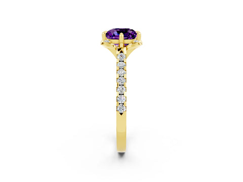 Yellow gold Cushion Cut Amethyst Ring with Pavé Band and Floral Prong Setting_2