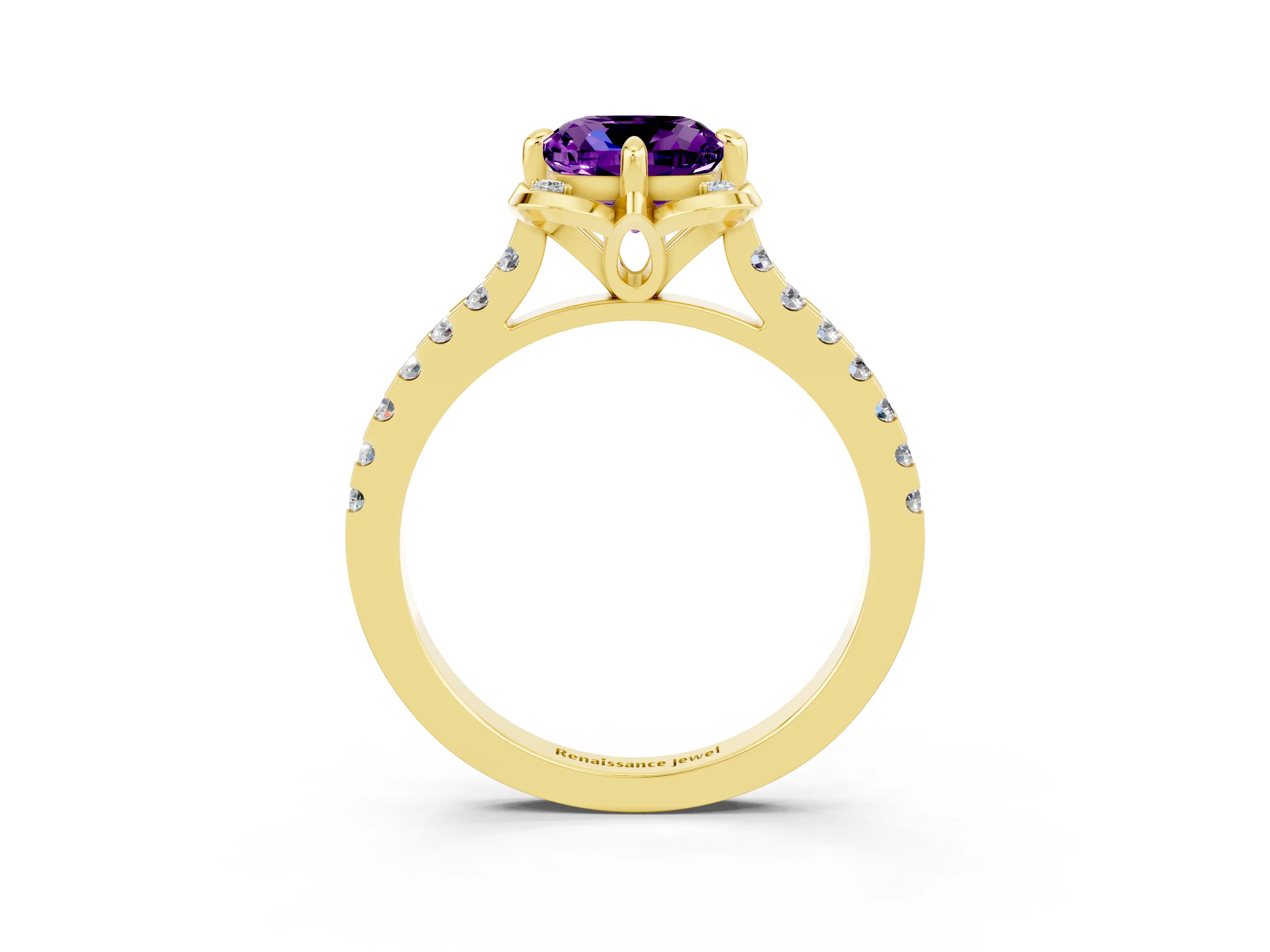 Yellow gold Cushion Cut Amethyst Ring with Pavé Band and Floral Prong Setting_3