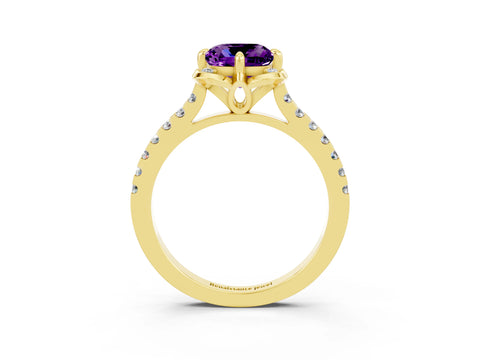 Yellow gold Cushion Cut Amethyst Ring with Pavé Band and Floral Prong Setting_3