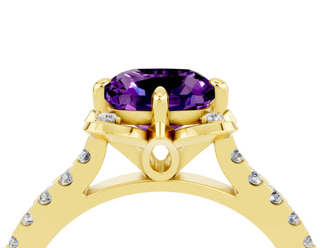Yellow gold Cushion Cut Amethyst Ring with Pavé Band and Floral Prong Setting_4