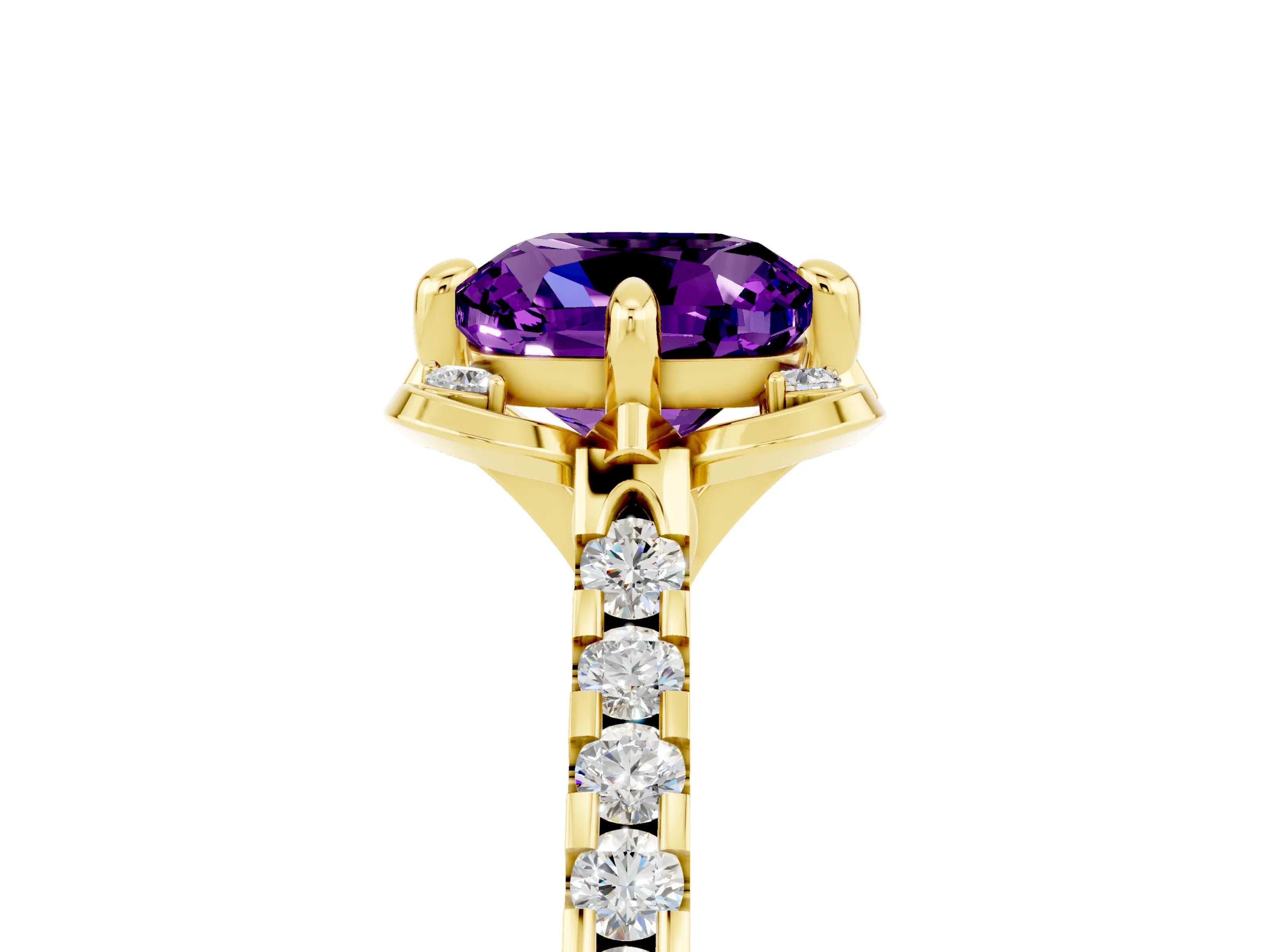 Yellow gold Cushion Cut Amethyst Ring with Pavé Band and Floral Prong Setting_5