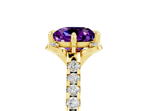 Yellow gold Cushion Cut Amethyst Ring with Pavé Band and Floral Prong Setting_5