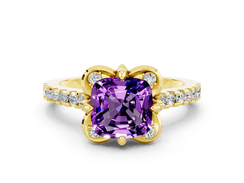 Yellow gold Cushion Cut Amethyst Ring with Pavé Band and Floral Prong Setting