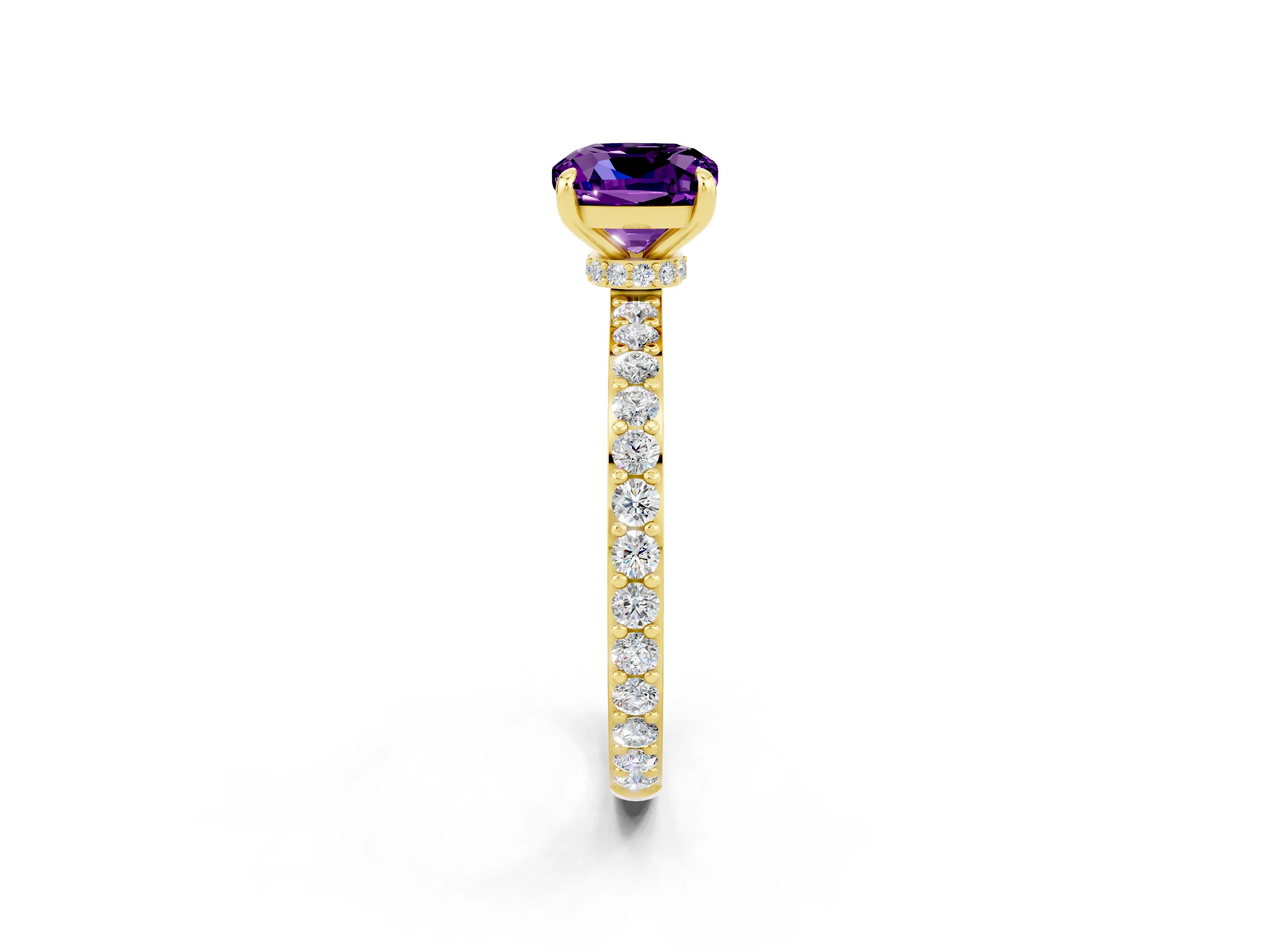 Yellow gold Cushion Cut Amethyst Ring with Pavé Band and Four-Prong Setting_2