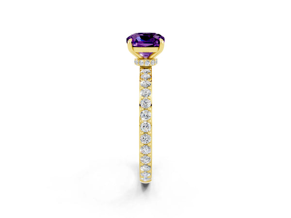 Yellow gold Cushion Cut Amethyst Pavé Engagement Ring with Round  Accents and Prong Setting