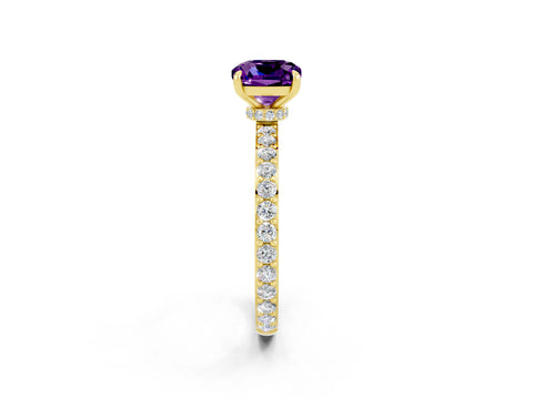 Yellow gold Cushion Cut Amethyst Ring with Pavé Band and Four-Prong Setting_2