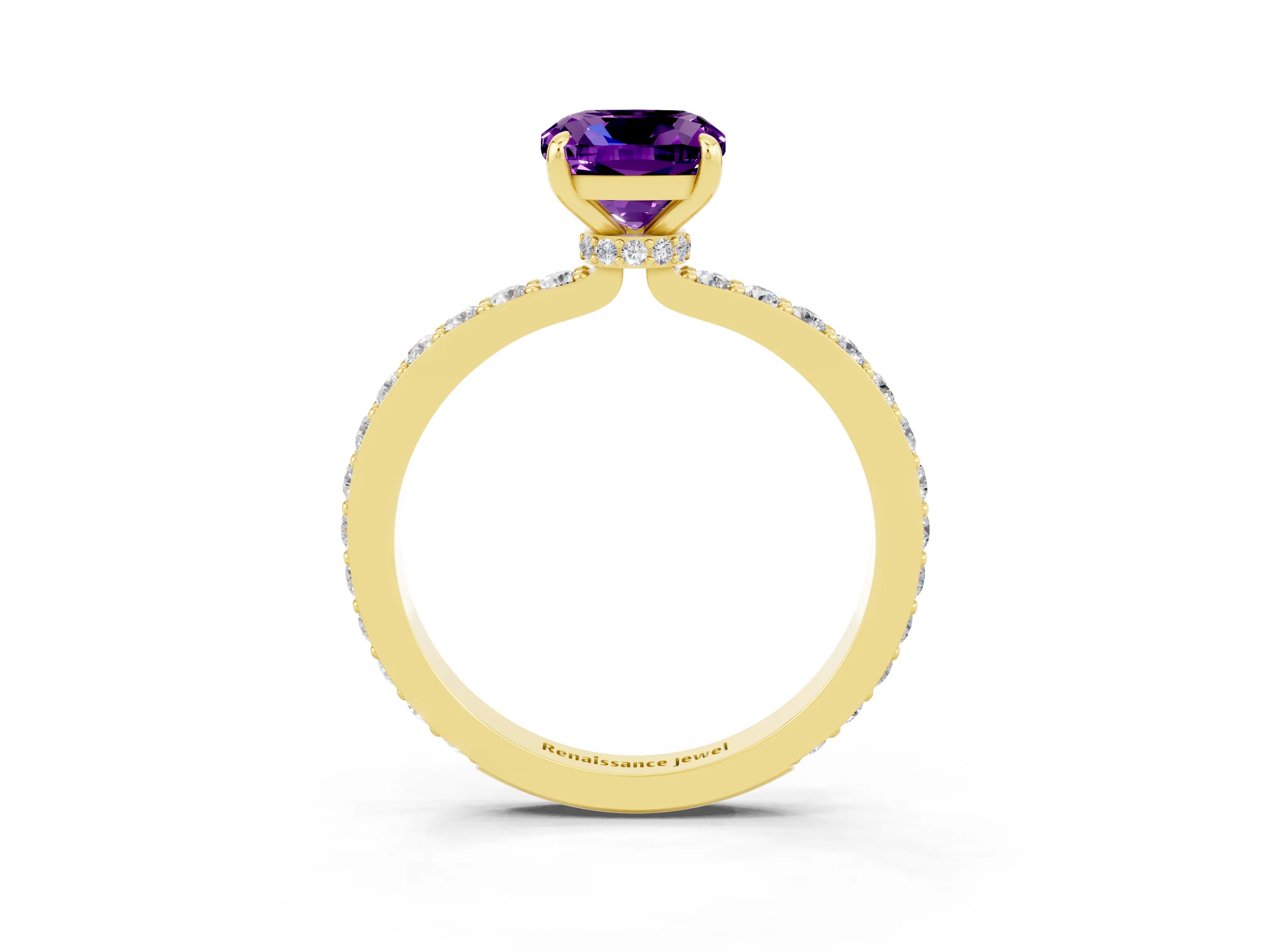 Yellow gold Cushion Cut Amethyst Ring with Pavé Band and Four-Prong Setting_3