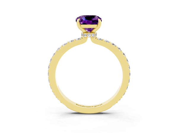 Yellow gold Cushion Cut Amethyst Pavé Engagement Ring with Round  Accents and Prong Setting