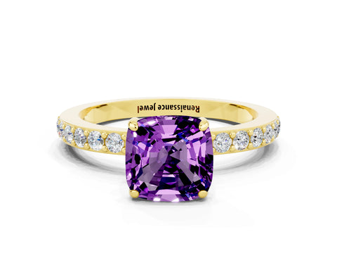 Yellow gold Cushion Cut Amethyst Ring with Pavé Band and Four-Prong Setting