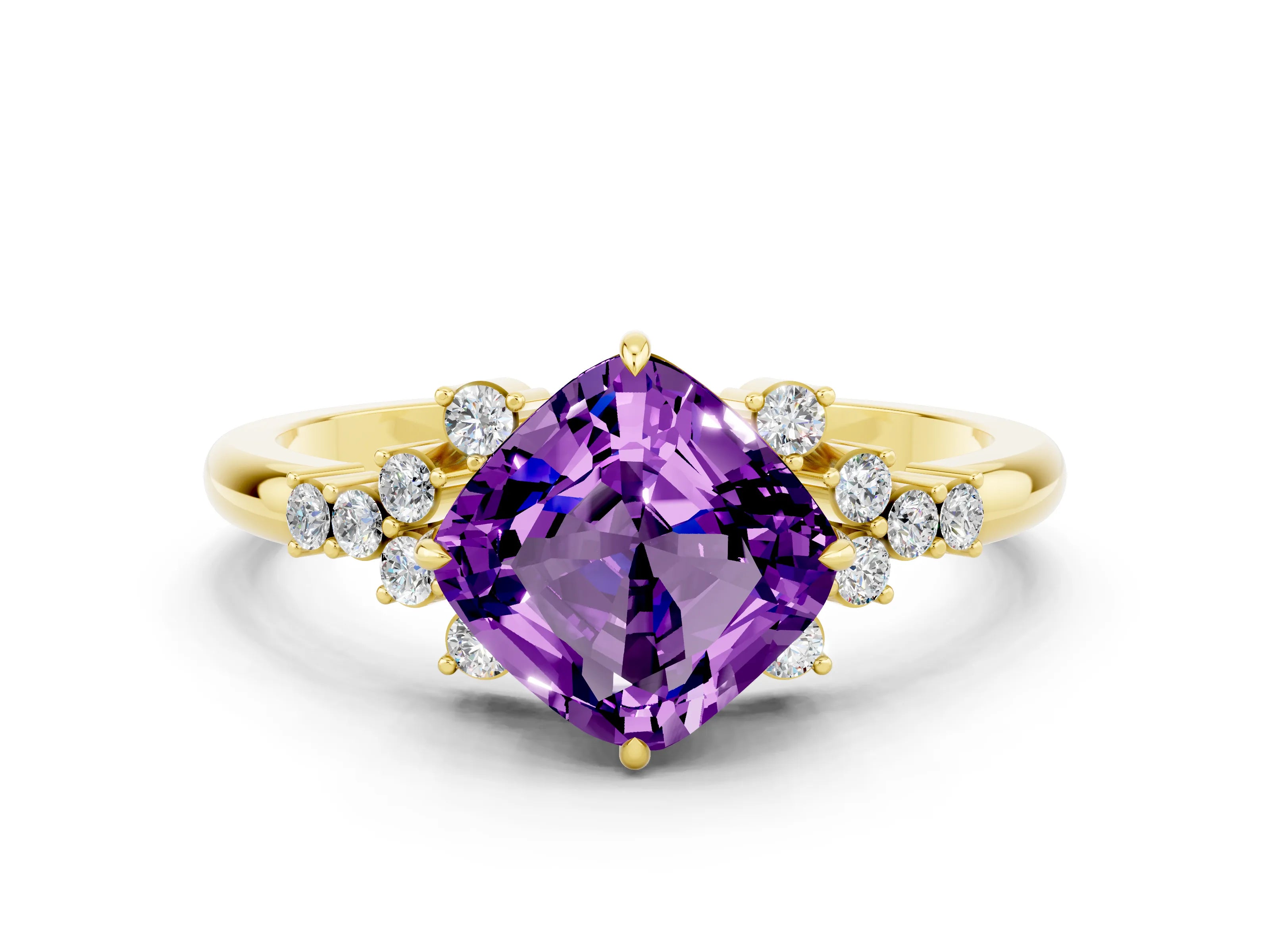 Yellow gold Cushion Cut Amethyst Ring with Side Stones and Four-Prong Setting_60