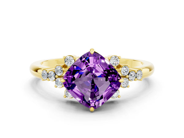 Yellow gold Cushion Cut Amethyst Ring with Side Stones and Four-Prong Setting
