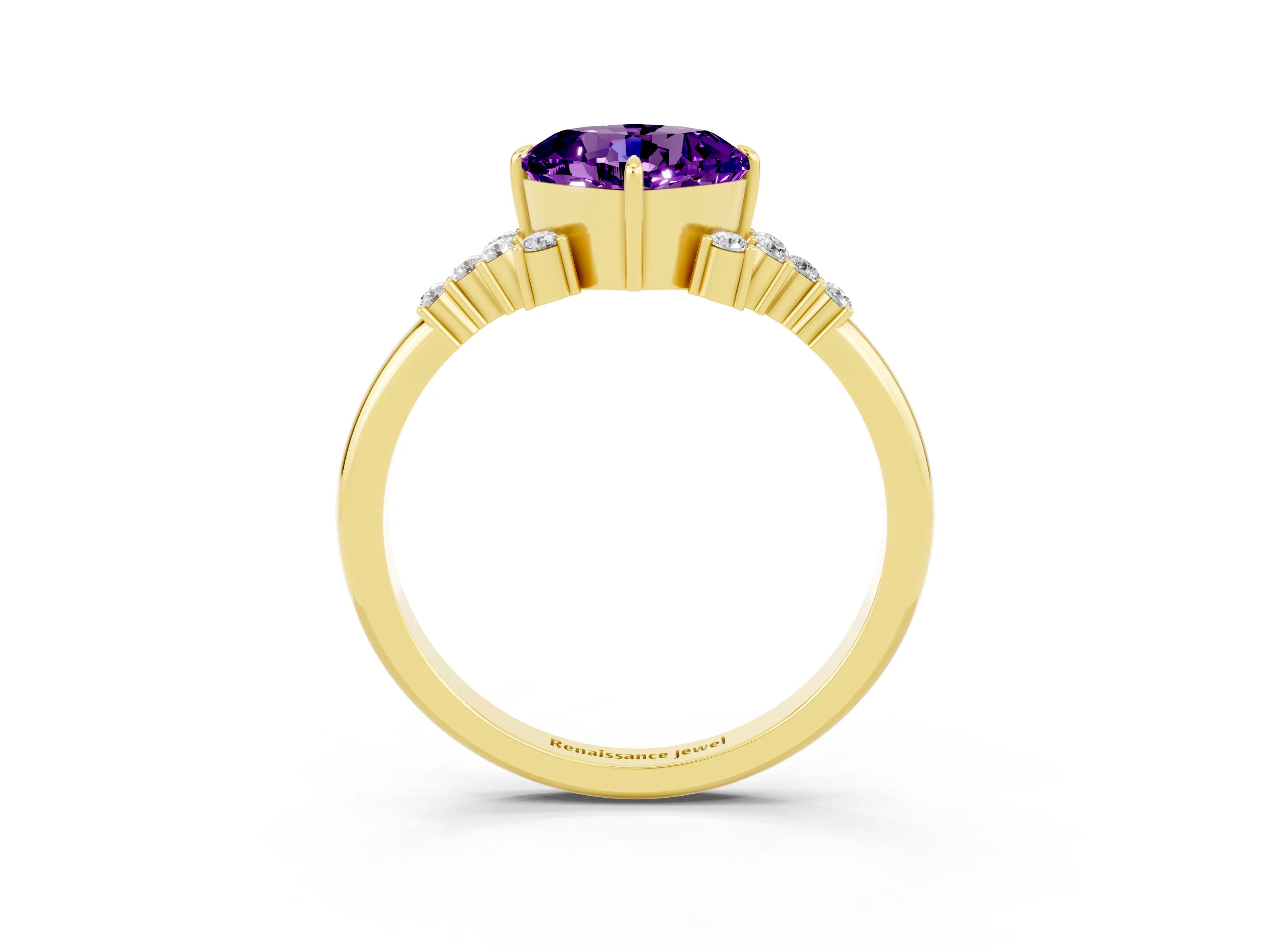 Yellow gold Cushion Cut Amethyst Ring with Side Stones and Four-Prong Setting_63