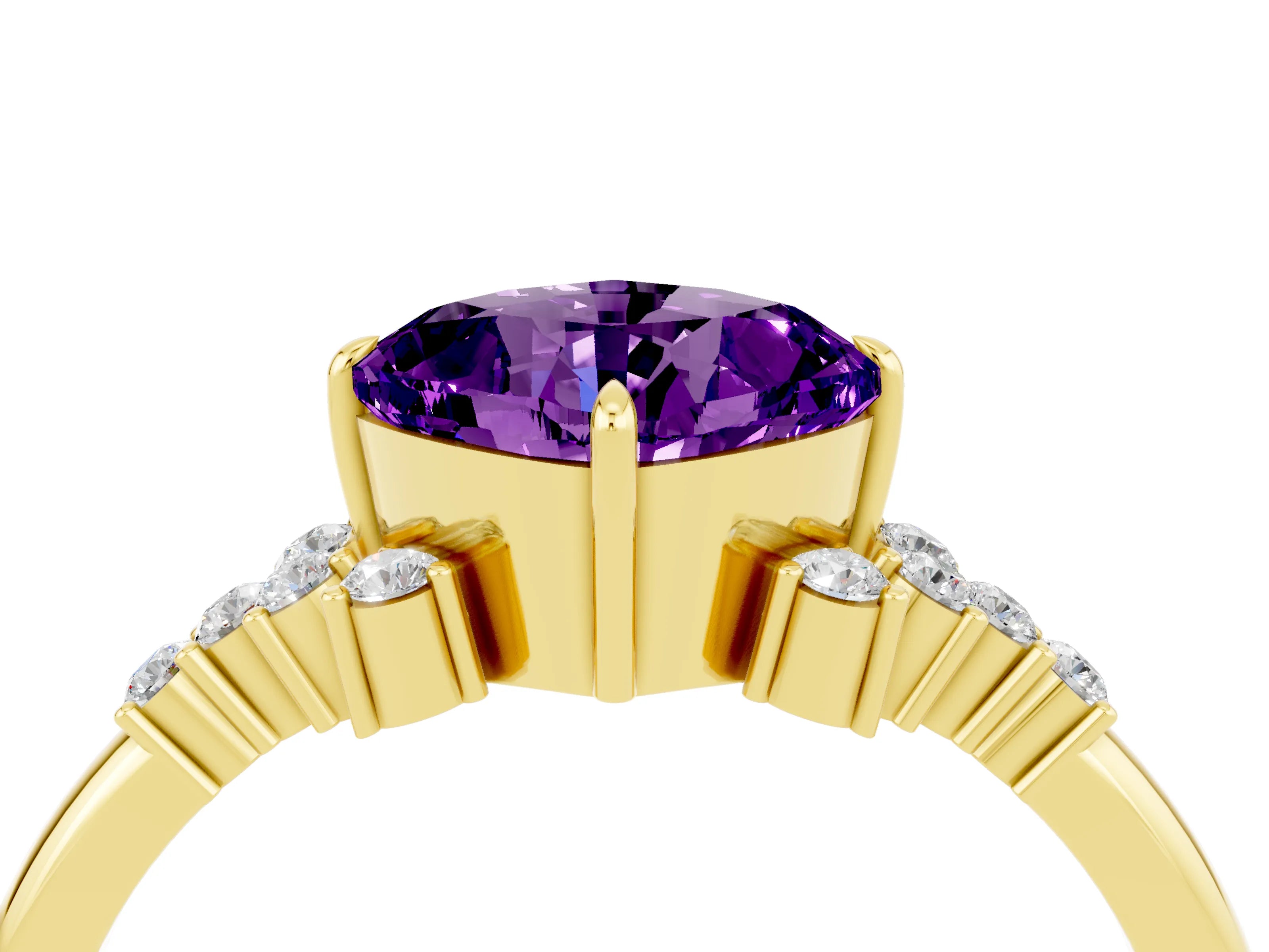 Yellow gold Cushion Cut Amethyst Ring with Side Stones and Four-Prong Setting_64
