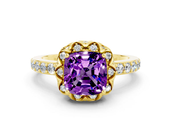 Yellow gold Cushion Cut Amethyst Scalloped Halo Engagement Ring with Round Shared Prong Band