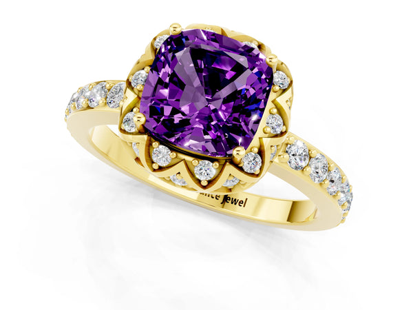 Yellow gold Cushion Cut Amethyst Scalloped Halo Engagement Ring with Round Shared Prong Band