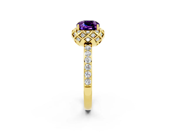 Yellow gold Cushion Cut Amethyst Scalloped Halo Engagement Ring with Round Shared Prong Band