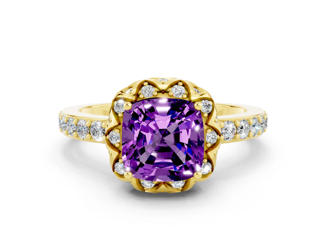 Yellow gold Cushion Cut Amethyst Scalloped Halo Engagement Ring with Round Shared Prong Band_24