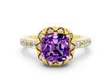 Yellow gold Cushion Cut Amethyst Scalloped Halo Engagement Ring with Round Shared Prong Band_24