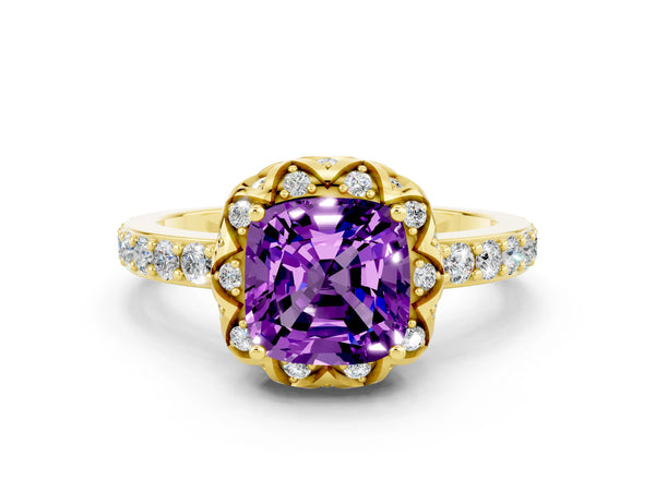 Yellow gold Cushion Cut Amethyst Scalloped Halo Engagement Ring with Round Shared Prong Band