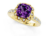 Yellow gold Cushion Cut Amethyst Scalloped Halo Engagement Ring with Round Shared Prong Band_25